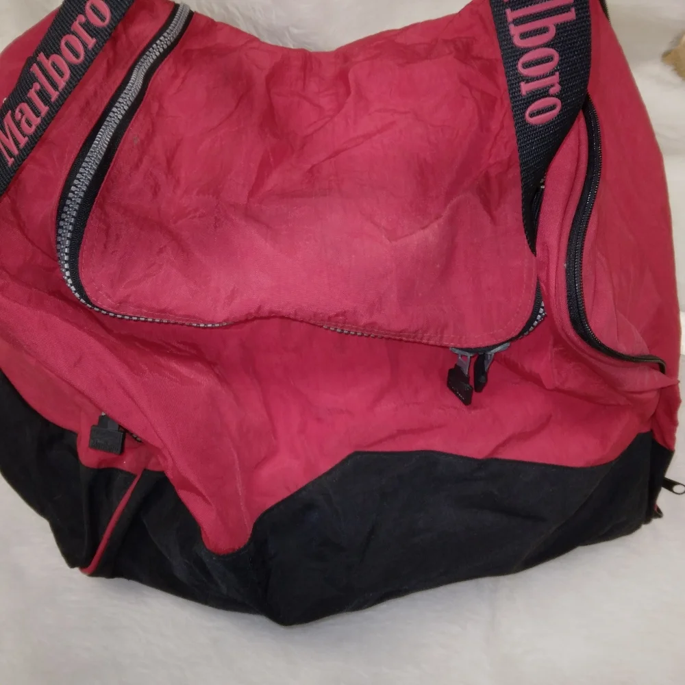 Vintage 90s Marlboro Unlimited Large Duffle Bag Logo Black Red DAMAGED
